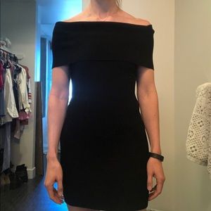 Off the shoulder, fitted LBD sweater dress